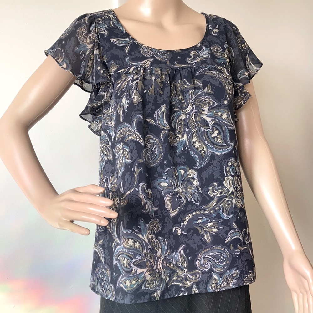 Flirty LOFT Ruffle Sleeve Short Sleeve Blouse Top in Shades of Blue and Green